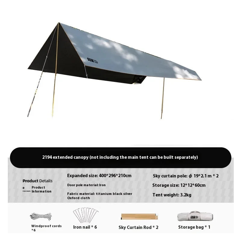 Load image into Gallery viewer, Camping canopy with extended canopy feature on a white background
