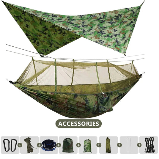 Double Camping Hammock with Mosquito Net & Rain Fly – 260x140cm Lightweight Parachute Hammock for Travel & Hiking