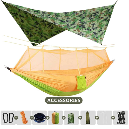 Double Camping Hammock with Mosquito Net & Rain Fly – 260x140cm Lightweight Parachute Hammock for Travel & Hiking