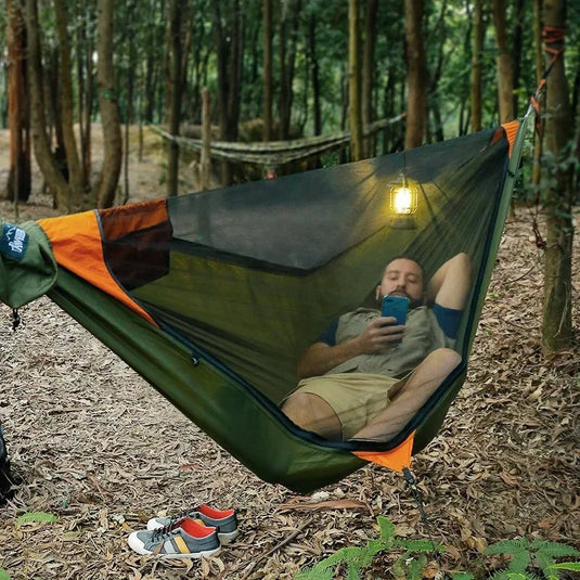 Traveler’s Lightweight Camping Hammock with Mosquito Net – Anti-Rollover, Breathable 70D Nylon, 310x140cm