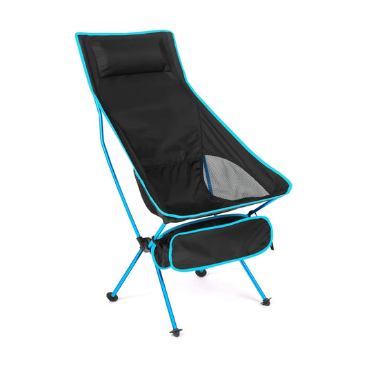 Black and blue camping chair on a white background