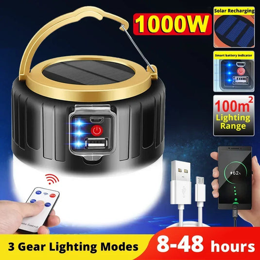 Solar USB Rechargeable LED Camping Lantern | IPX6 Waterproof Portable Tent Light | Emergency Lamp